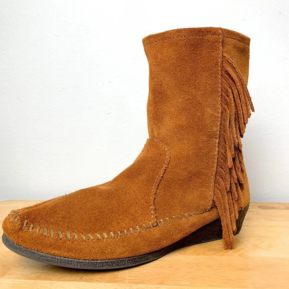 Minnetonka Fringe Western Flat Ankle Boot Brown